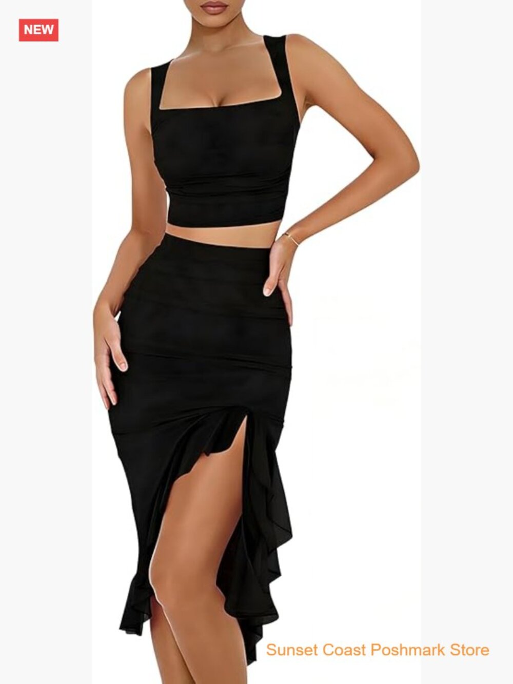 Two Piece Skirt Set Sleeveless Square Neck Crop Top & Ruffle Hem Side Slit Midi